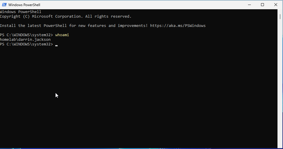 PowerShell whoami output confirming the authenticated HOMELAB domain user